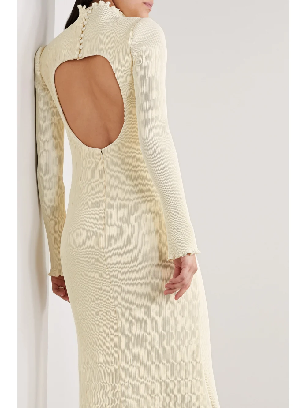 Back view of the Danielle Frankel Adrienne Open-back Plissé Stretch-satin Midi Dress