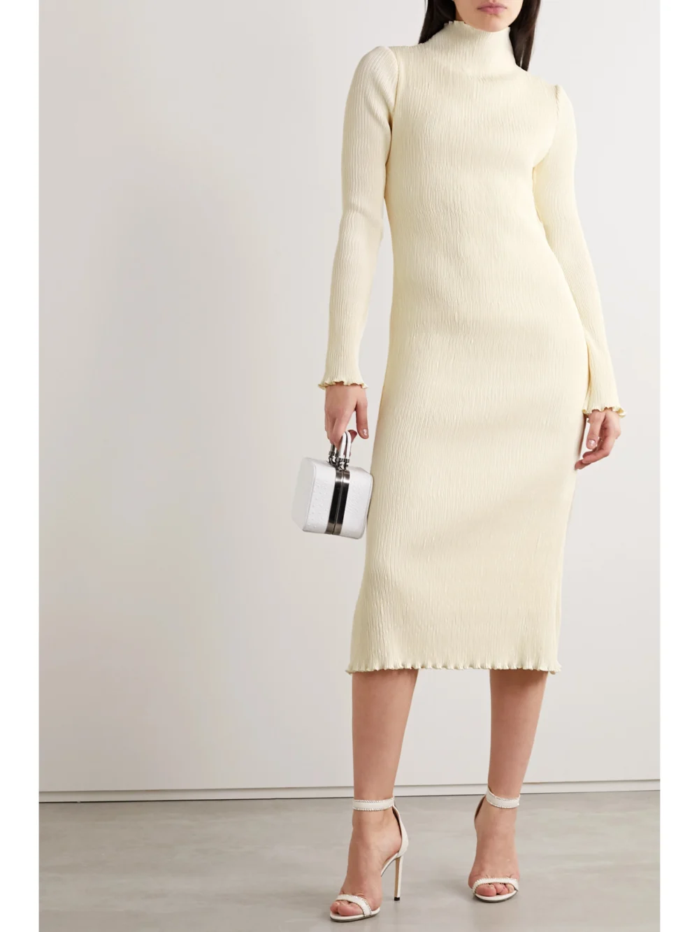 Danielle Frankel Adrienne Open-back Plissé Stretch-satin Midi Dress, worn by a model