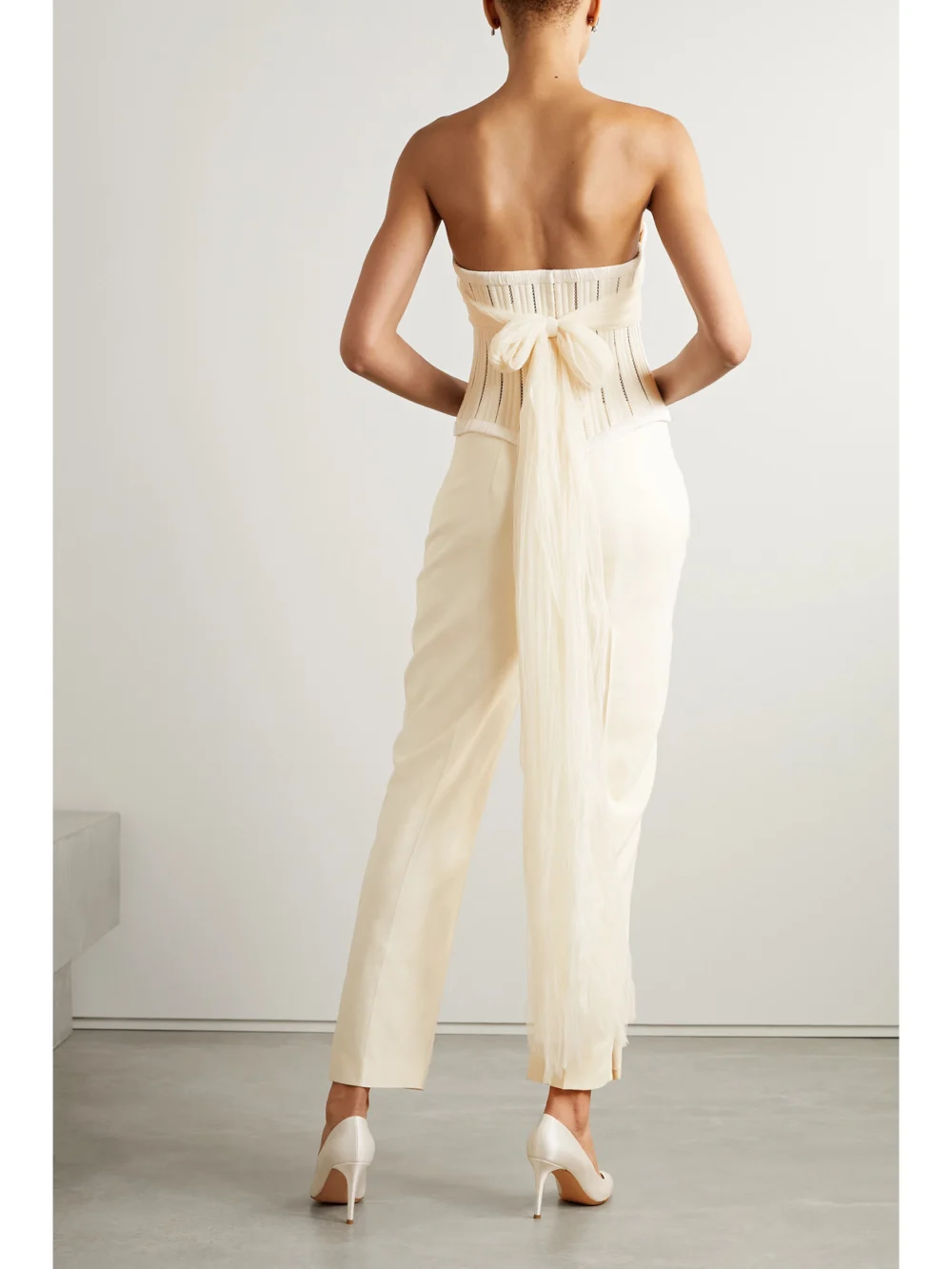 Back view of the Danielle Frankel Anika Strapless Cotton-blend Twill, Tulle and Plissé-satin Bustier Top