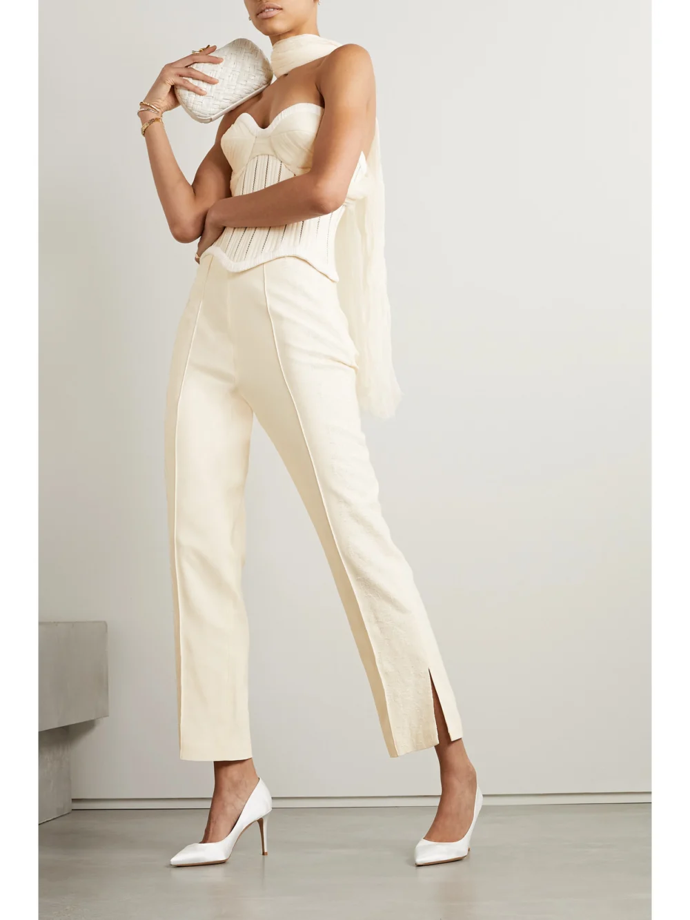 Danielle Frankel Anika Strapless Cotton-blend Twill, Tulle and Plissé-satin Bustier Top, worn by a model