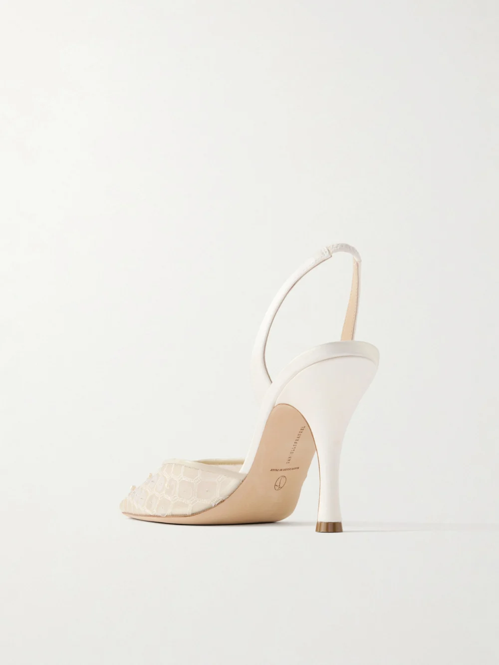 Back view of the Danielle Frankel Archer Embellished Satin-trimmed Mesh Slingback Pumps