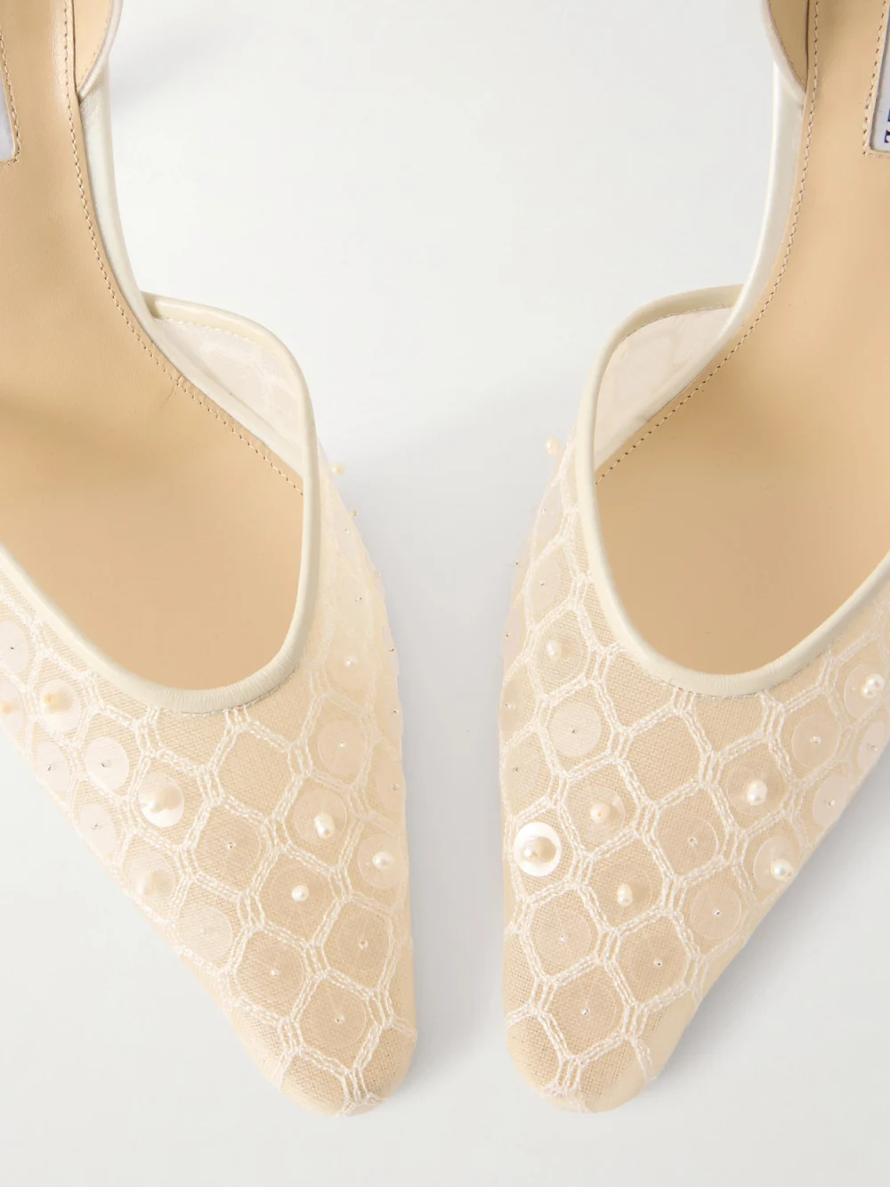 Close-up detail of the Danielle Frankel Archer Embellished Satin-trimmed Mesh Slingback Pumps