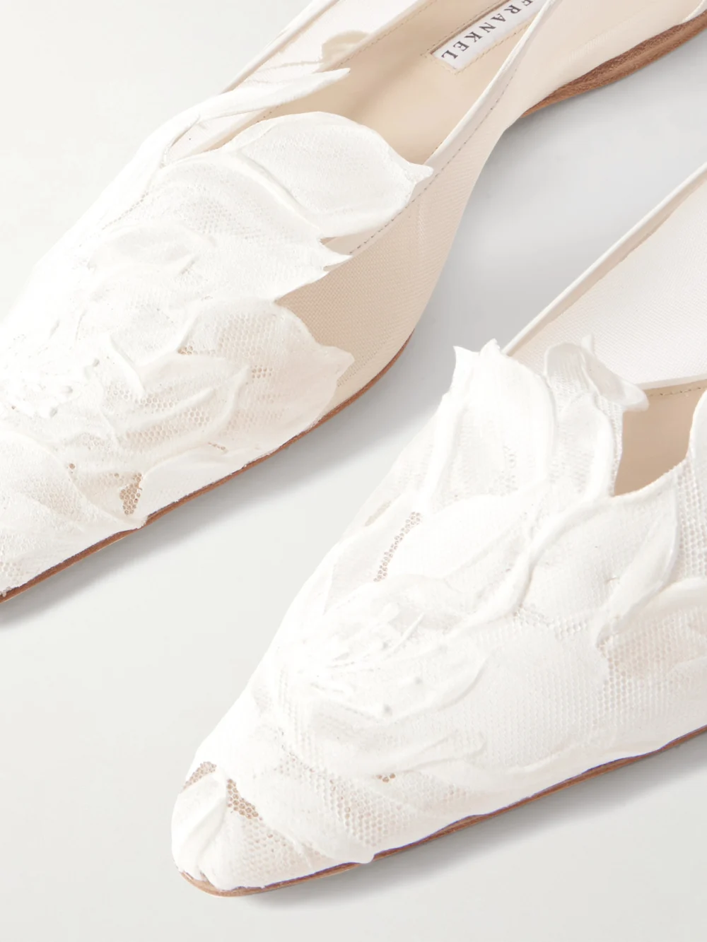 Close-up detail of the Danielle Frankel Beatrice Leather-trimmed Appliquéd Mesh Point-toe Flats