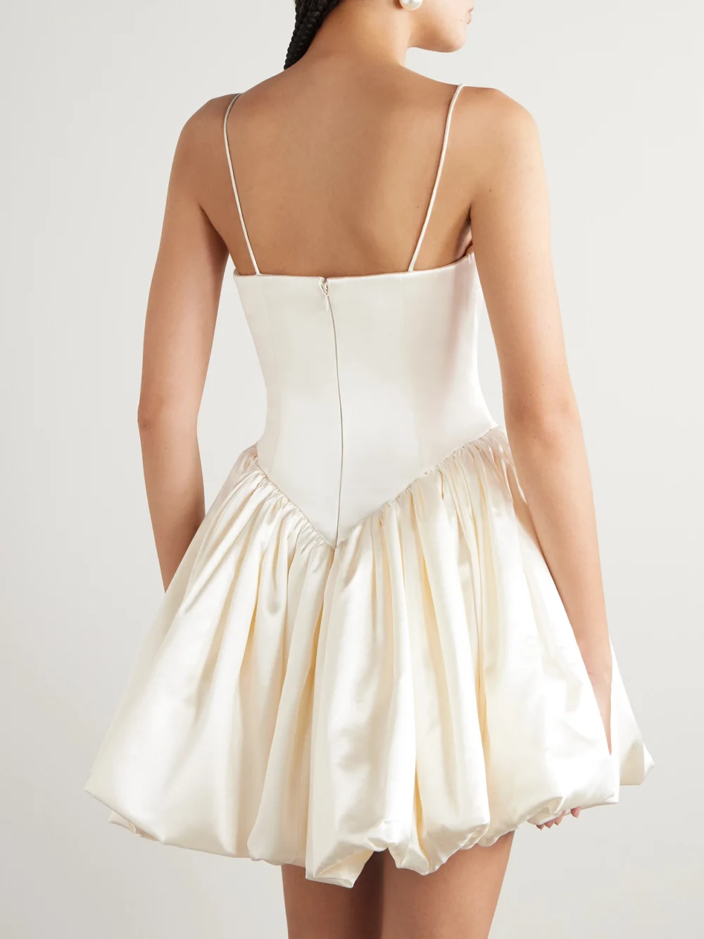 Back view of the Danielle Frankel Birdie Gathered Silk and Wool-blend Satin Bustier Mini Dress
