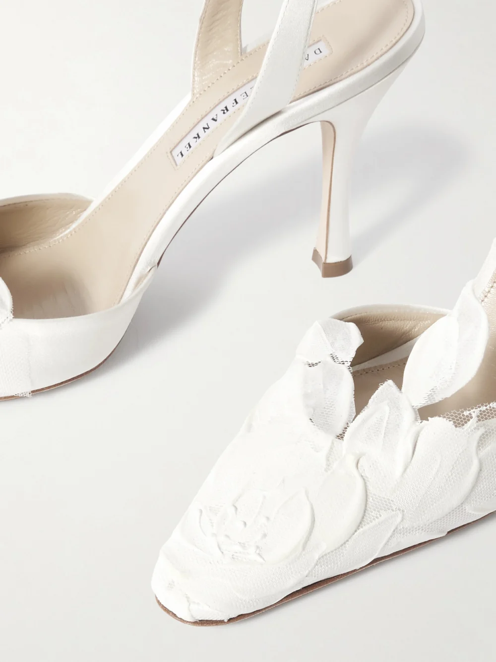 Close-up detail of the Danielle Frankel Coco Satin and Painted Tulle Slingback Pumps