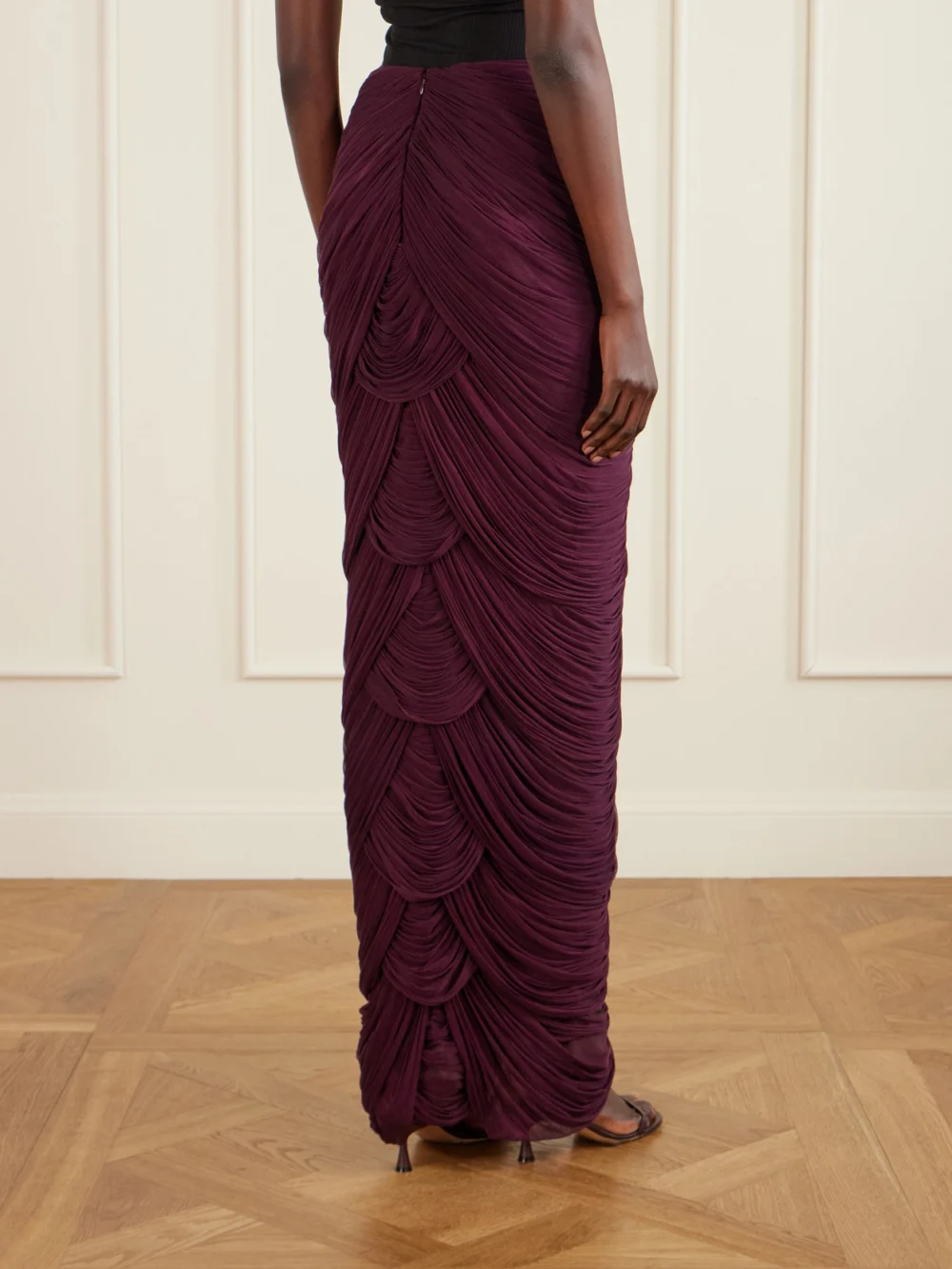 Back view of the Danielle Frankel Cosette Draped Tulle Maxi Skirt