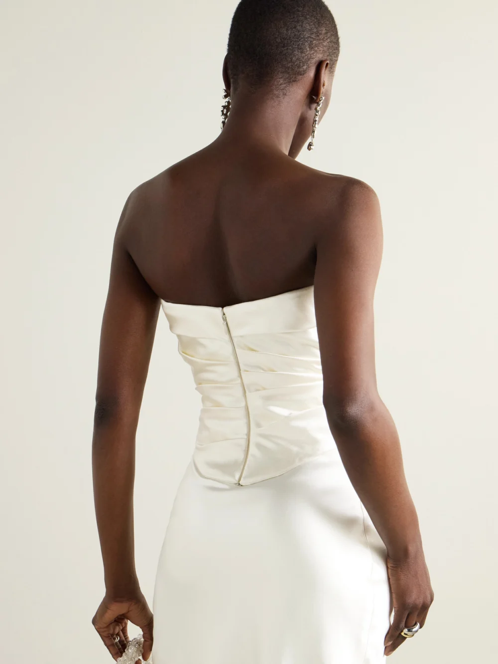 Back view of the Danielle Frankel Demi Strapless Draped Silk and Wool-blend Satin Bustier Top