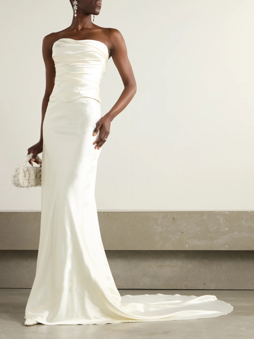 Danielle Frankel Demi Strapless Draped Silk and Wool-blend Satin Bustier Top, worn by a model