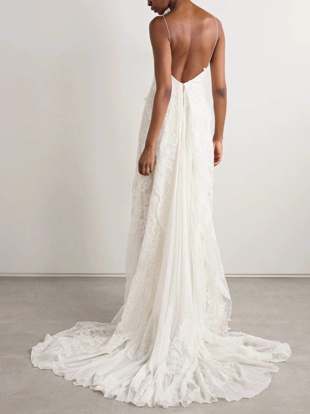 Back view of the Danielle Frankel Edie Appliquéd Silk Chiffon-trimmed Cotton-blend Corded Lace Gown