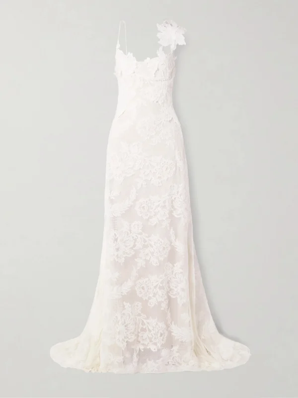 Danielle Frankel Edie Appliquéd Silk Chiffon-trimmed Cotton-blend Corded Lace Gown