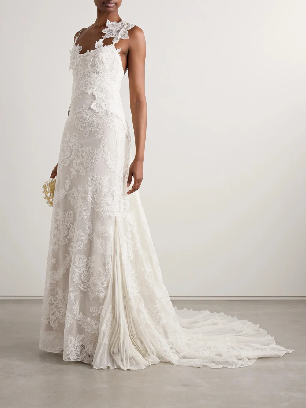 Danielle Frankel Edie Appliquéd Silk Chiffon-trimmed Cotton-blend Corded Lace Gown, worn by a model