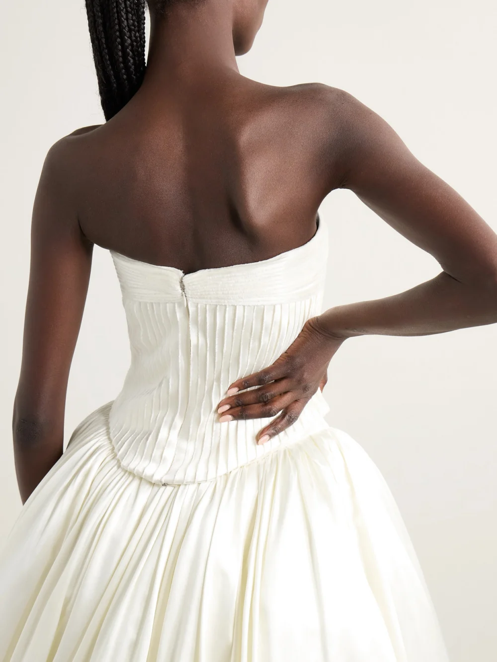 Back view of the Danielle Frankel Ella Strapless Frayed Pintucked Silk and Wool-blend Satin Bustier Top