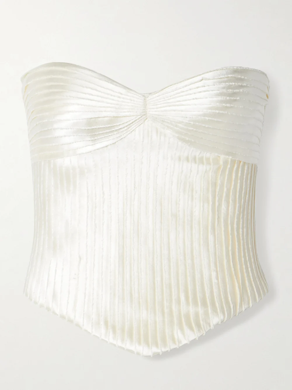 Danielle Frankel Ella Strapless Frayed Pintucked Silk and Wool-blend Satin Bustier Top in off-white