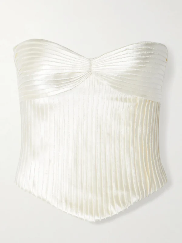 Danielle Frankel Ella Strapless Frayed Pintucked Silk and Wool-blend Satin Bustier Top