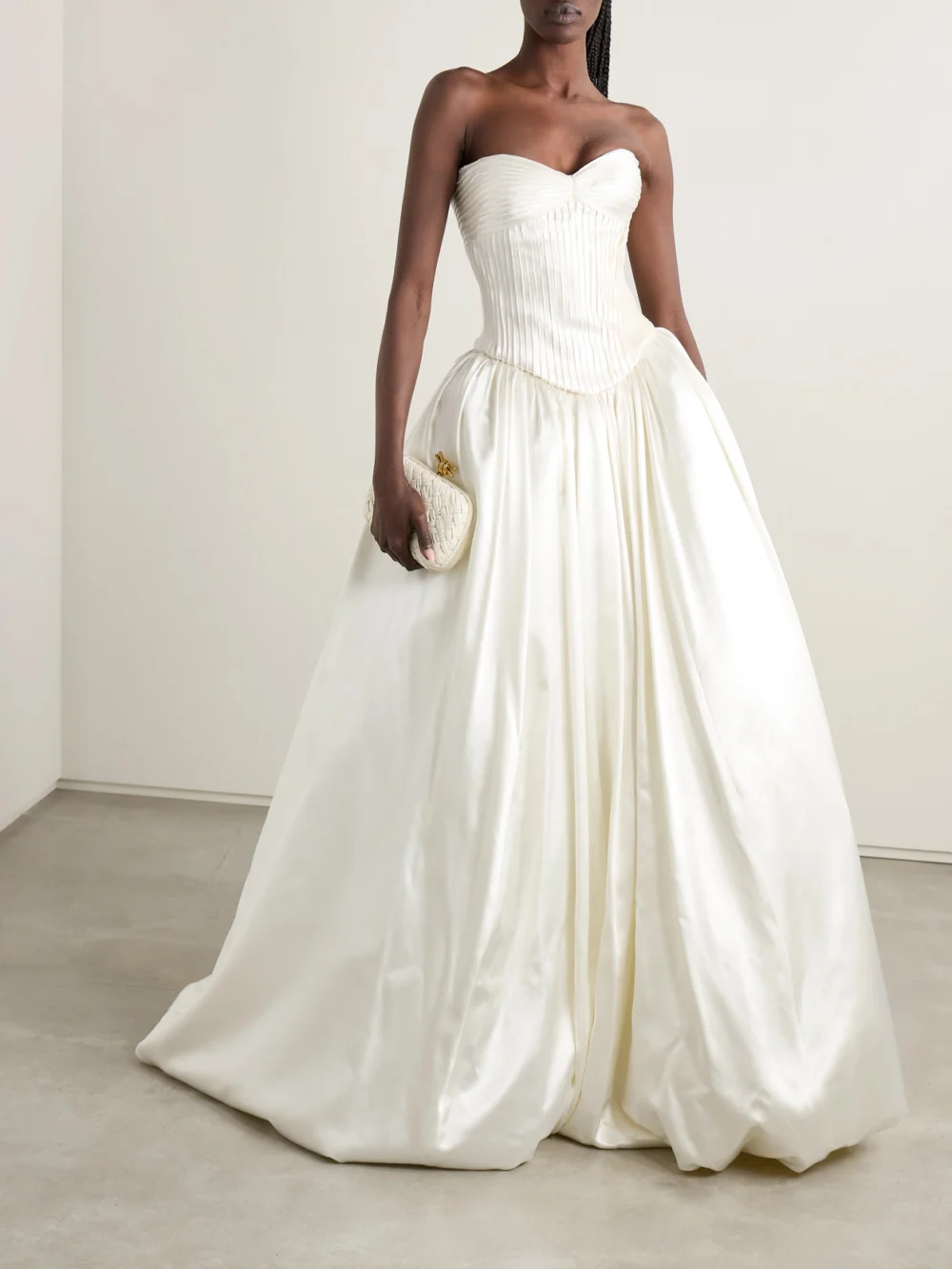 Danielle Frankel Ella Strapless Frayed Pintucked Silk and Wool-blend Satin Bustier Top, worn by a model