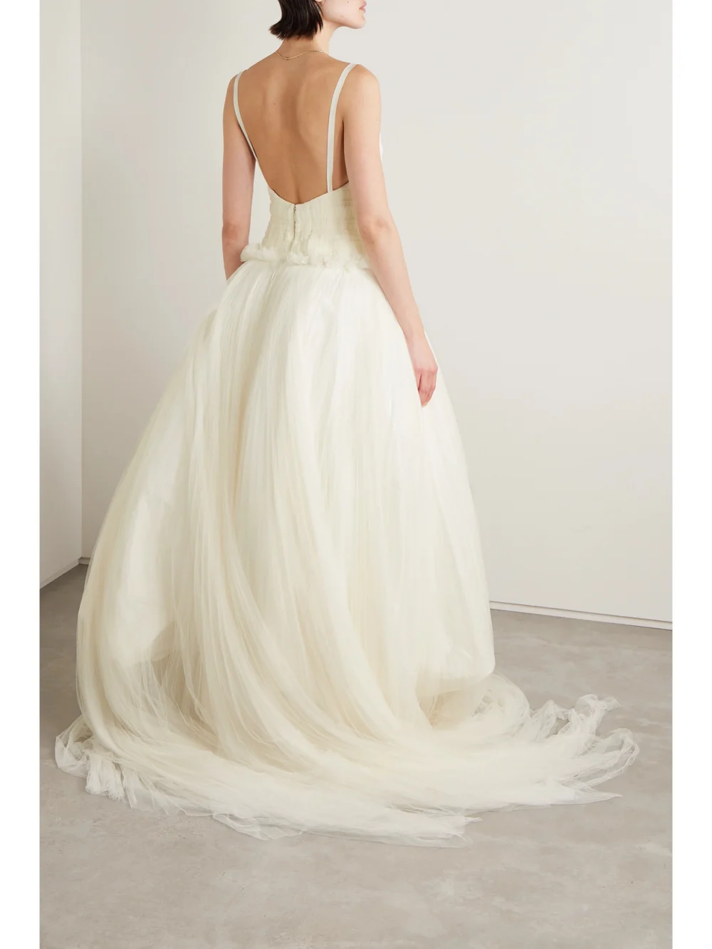 Back view of the Danielle Frankel Guinevere Shirred Grosgrain-trimmed Tulle Gown