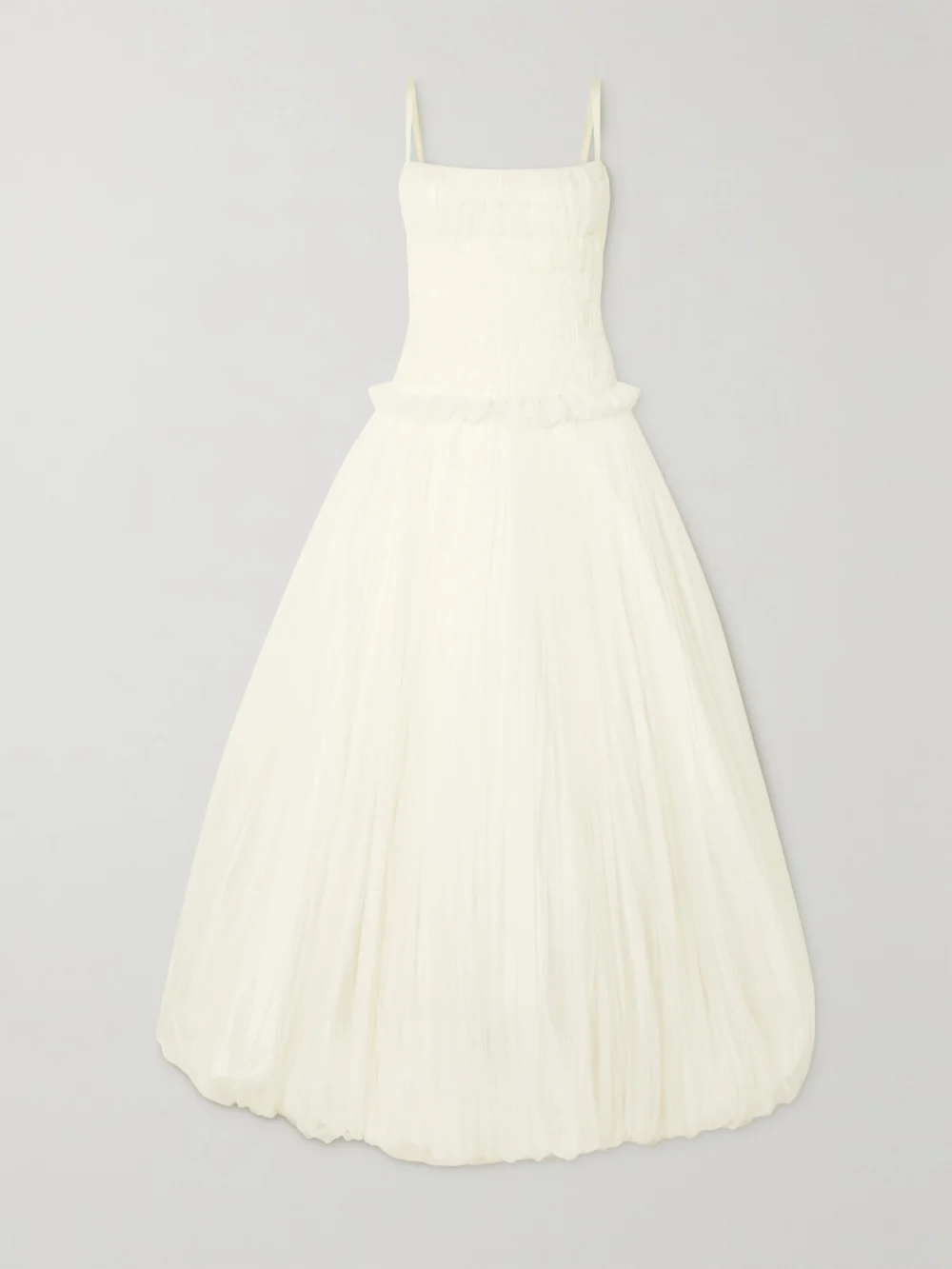Danielle Frankel Guinevere Shirred Grosgrain-trimmed Tulle Gown in ivory