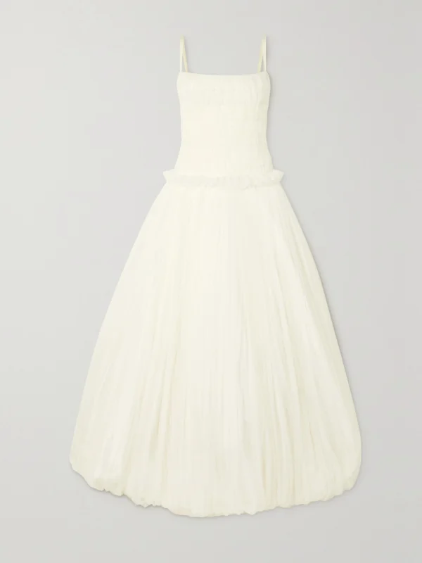 Danielle Frankel Guinevere Shirred Grosgrain-trimmed Tulle Gown