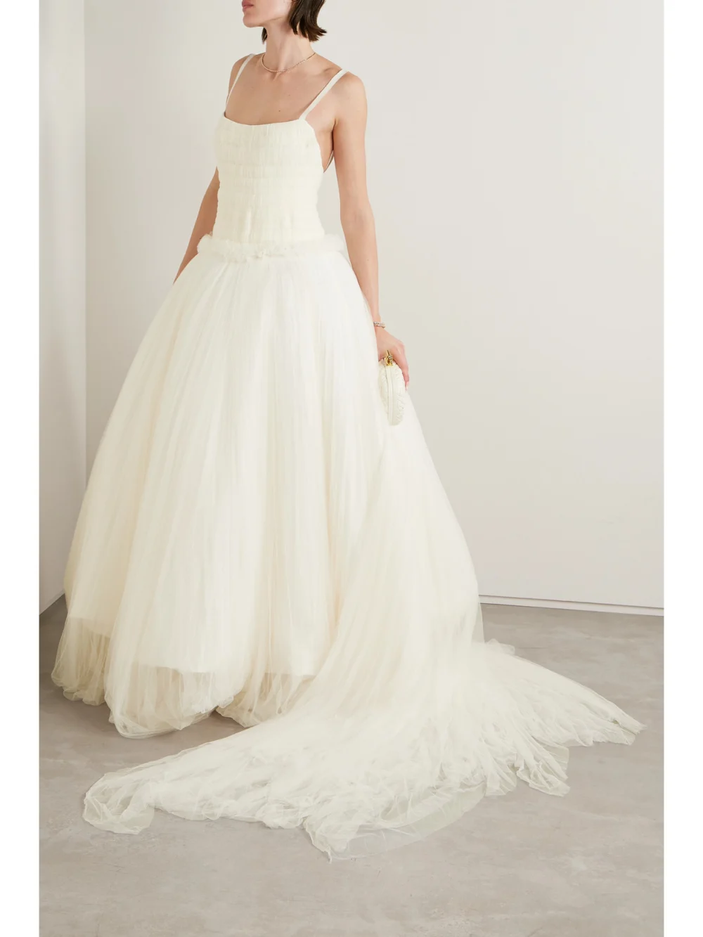 Danielle Frankel Guinevere Shirred Grosgrain-trimmed Tulle Gown, worn by a model