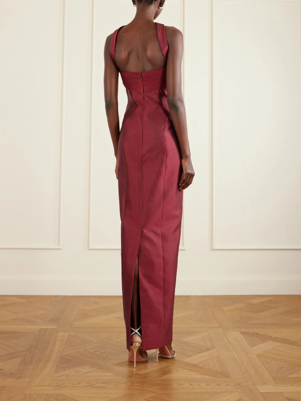 Back view of the Danielle Frankel Lette Paneled Tulle-trimmed Wool and Silk-blend Twill Gown