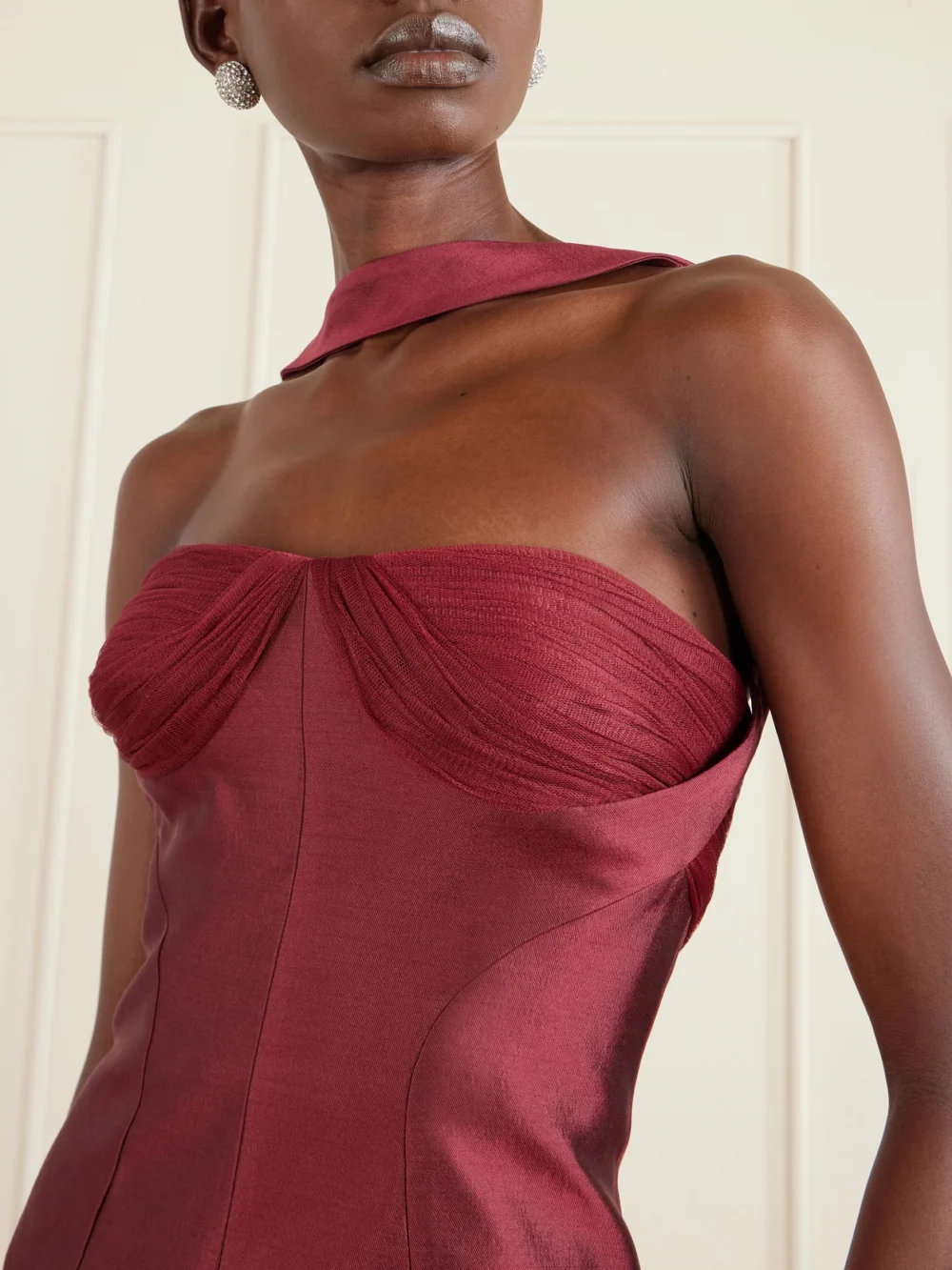 Close-up detail of the Danielle Frankel Lette Paneled Tulle-trimmed Wool and Silk-blend Twill Gown