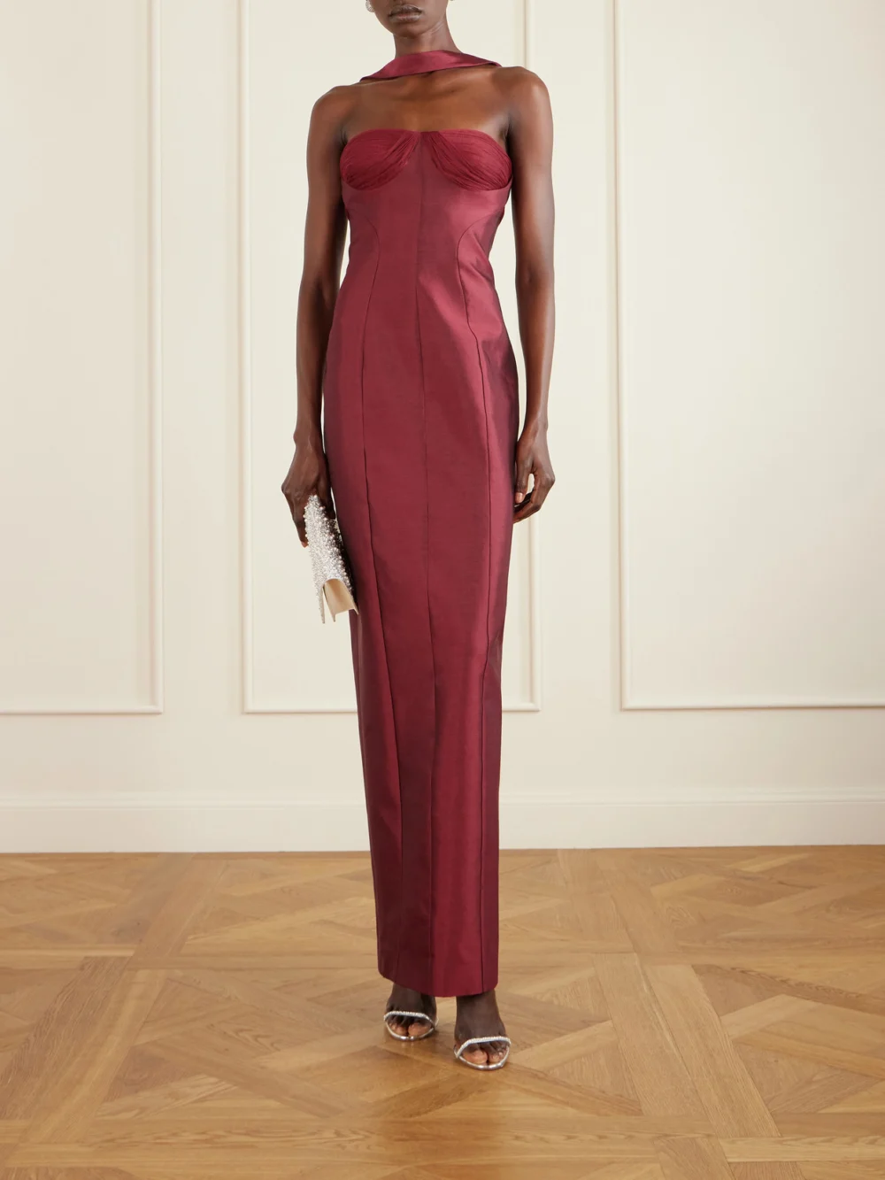 Danielle Frankel Lette Paneled Tulle-trimmed Wool and Silk-blend Twill Gown, worn by a model