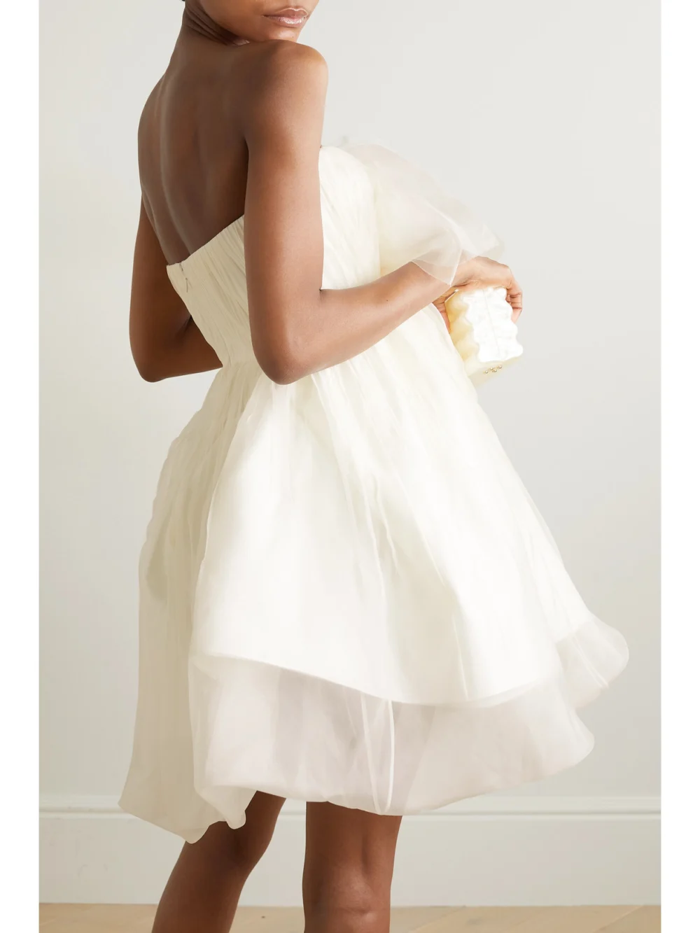 Back view of the Danielle Frankel Lottie Strapless Appliquéd Silk-organza Mini Dress
