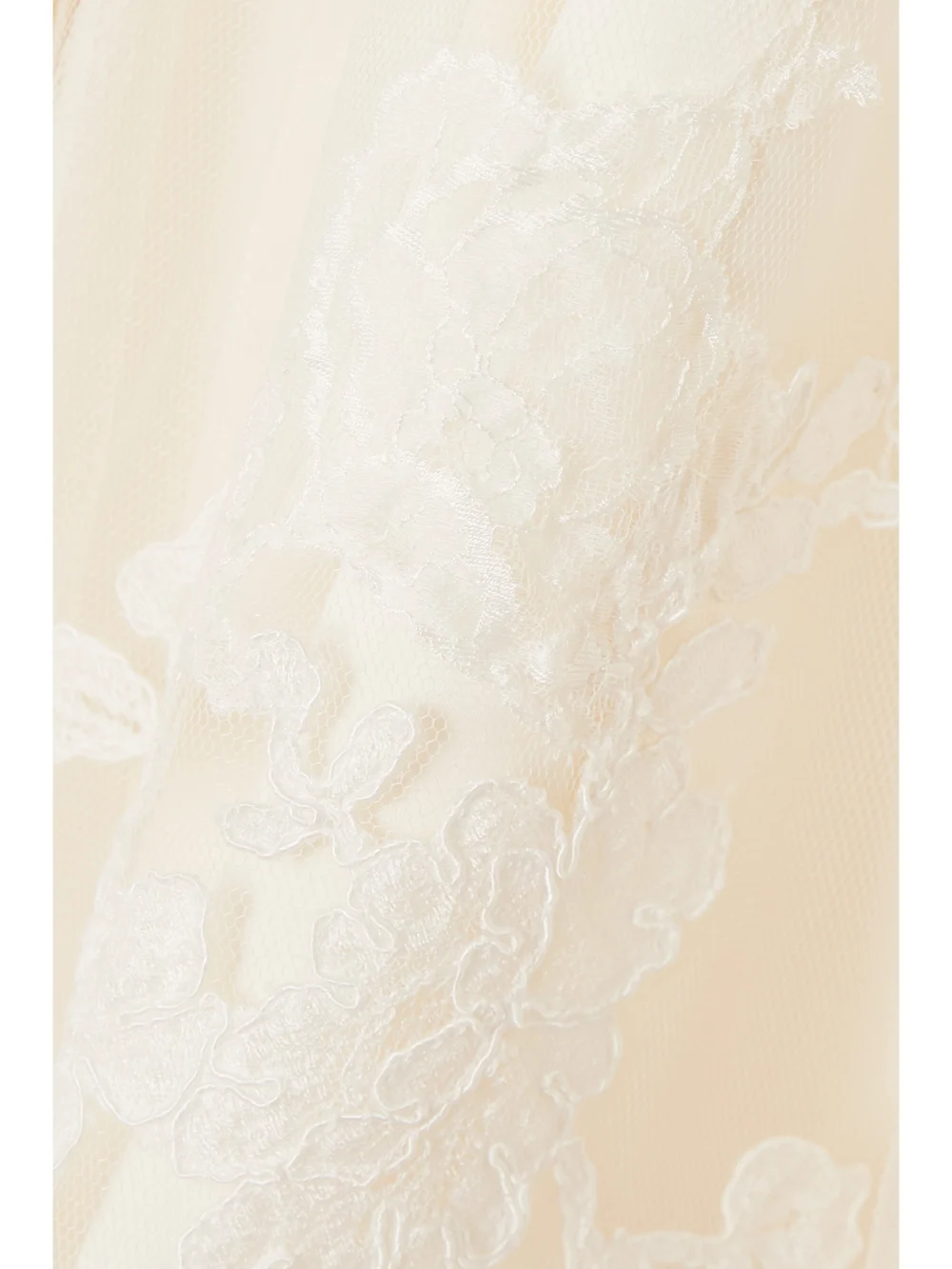 Close-up detail of the Danielle Frankel Lucy Cold-shoulder Lace-trimmed Tulle and Cady Mini Dress