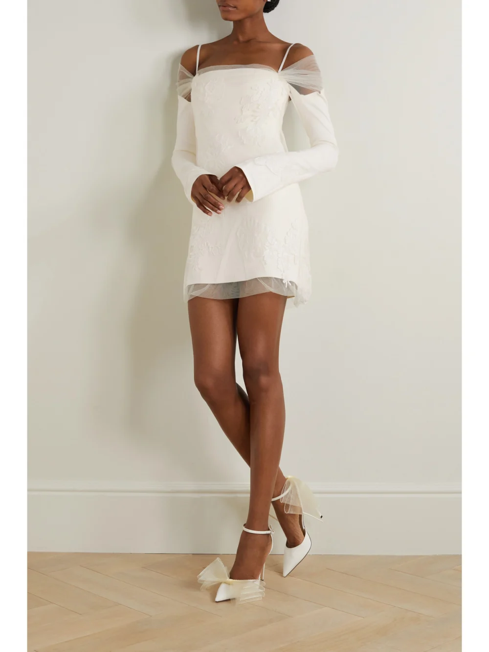 Danielle Frankel Lucy Cold-shoulder Lace-trimmed Tulle and Cady Mini Dress, worn by a model