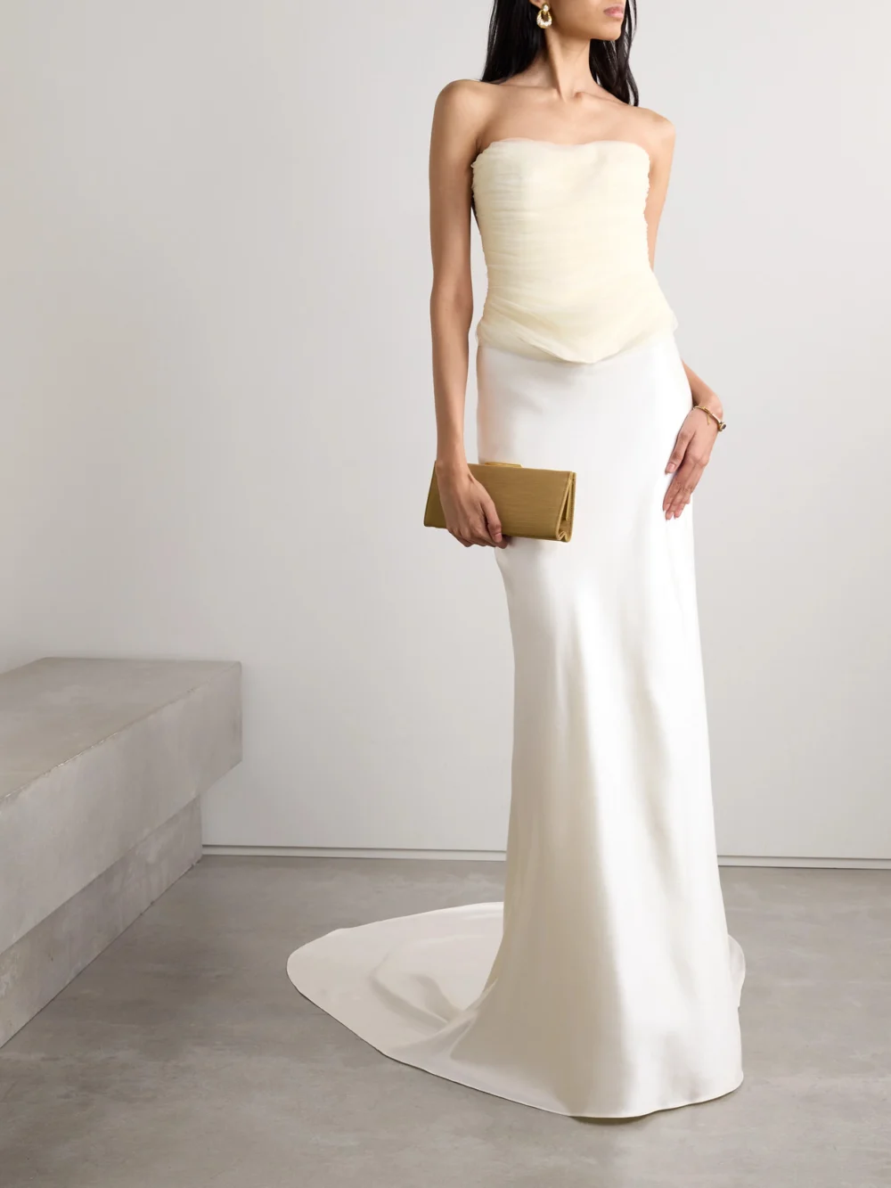 Danielle Frankel Milo Organza and Grosgrain-trimmed Ruched Tulle Bustier Top, worn by a model