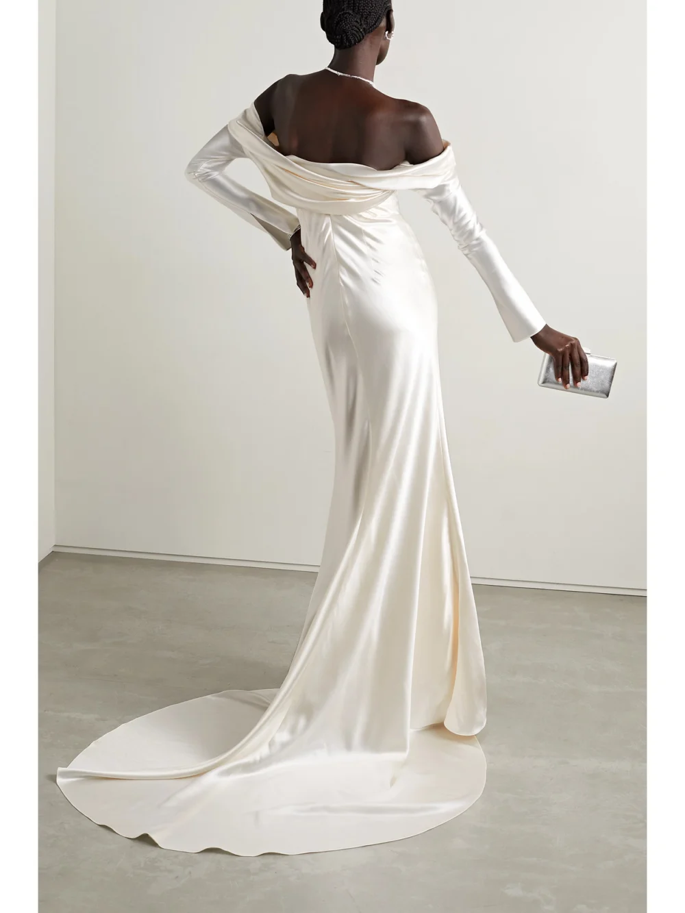 Danielle Frankel Noa Off-the-shoulder Draped Wool and Silk-blend Charmeuse Gown, worn by a model