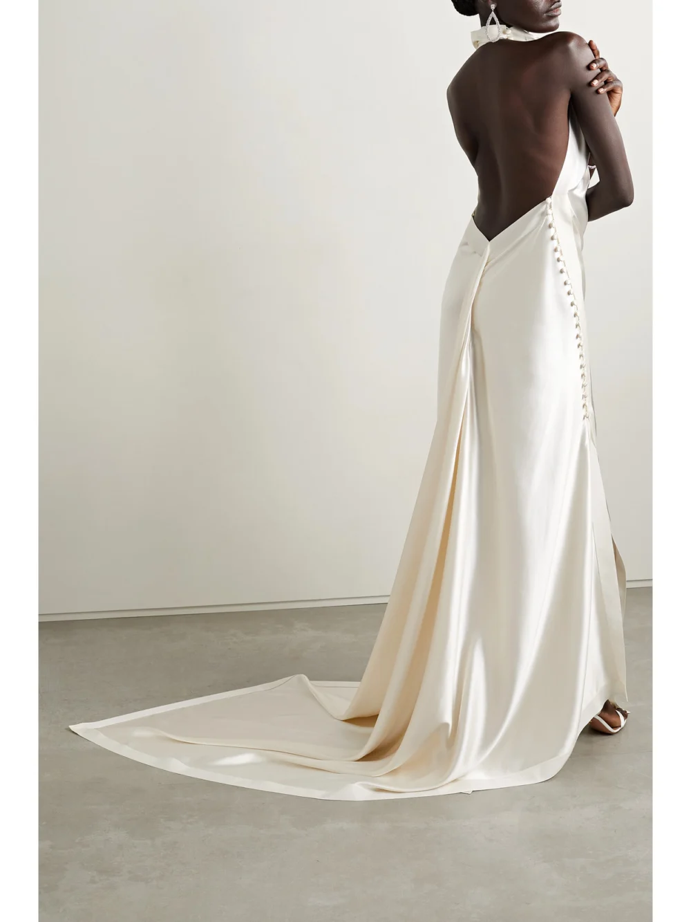 Back view of the Danielle Frankel Sasha Draped Silk-charmeuse Halterneck Gown