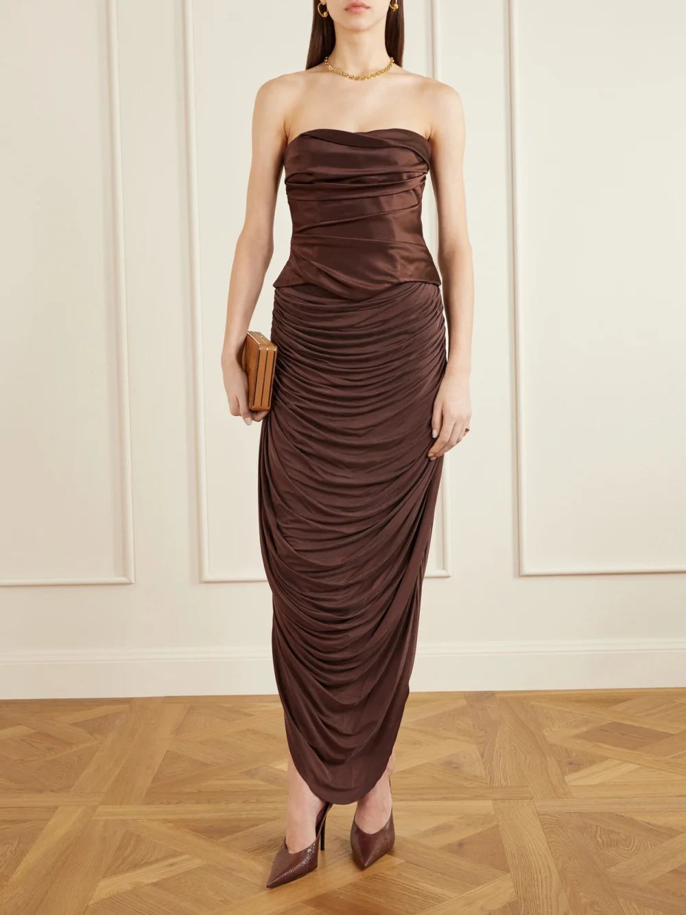 Danielle Frankel Vivienne Gathered Stretch Satin-jersey Midi Skirt, worn by a model