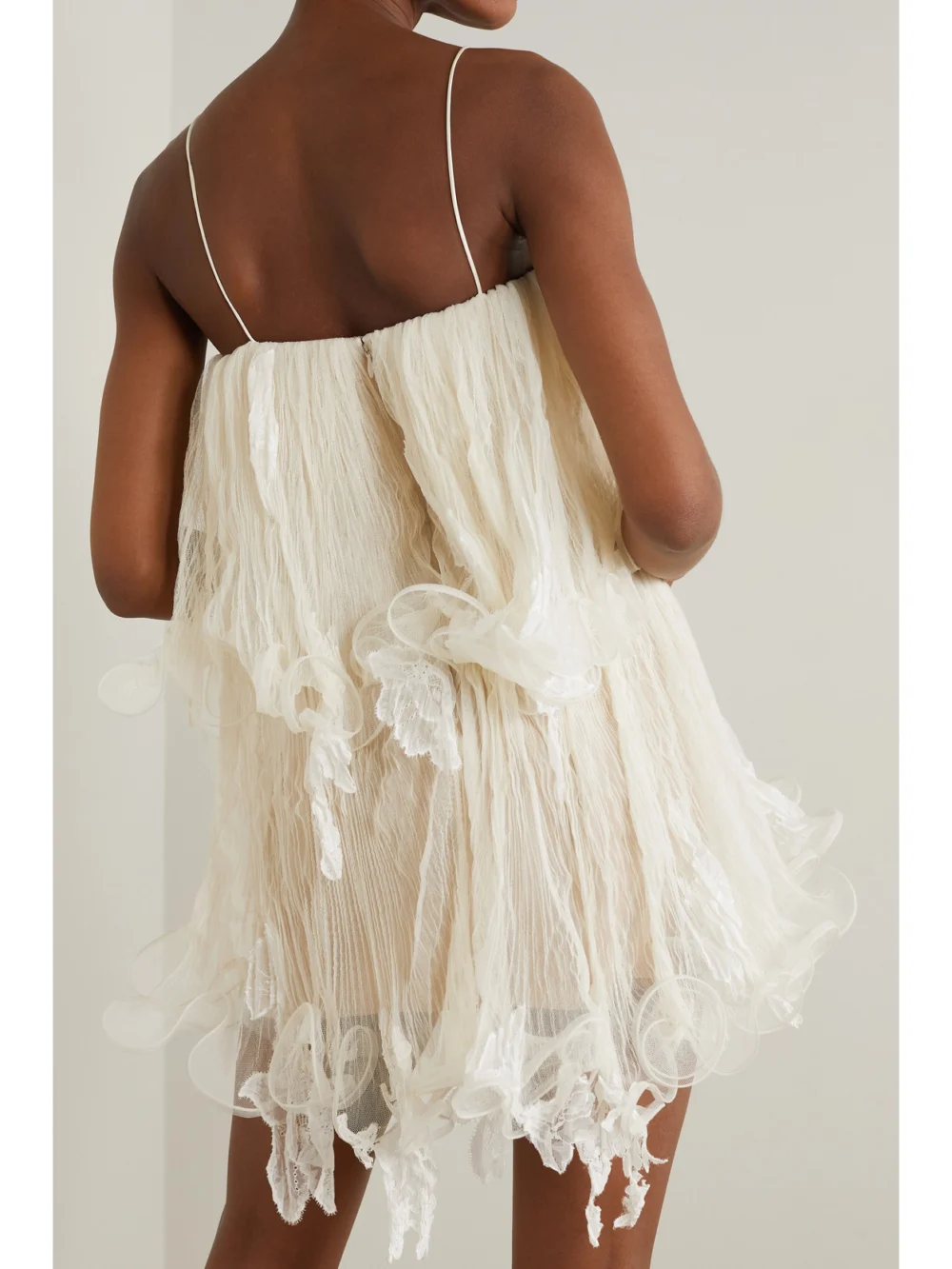 Back view of the Danielle Frankel Wendell Tiered Ruffled Lace and Tulle Mini Dress