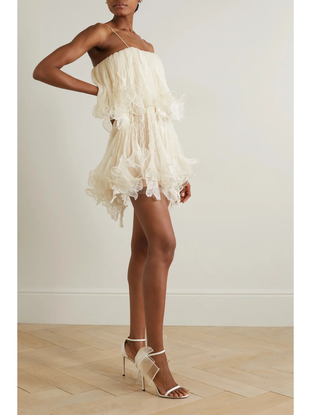 Danielle Frankel Wendell Tiered Ruffled Lace and Tulle Mini Dress, worn by a model