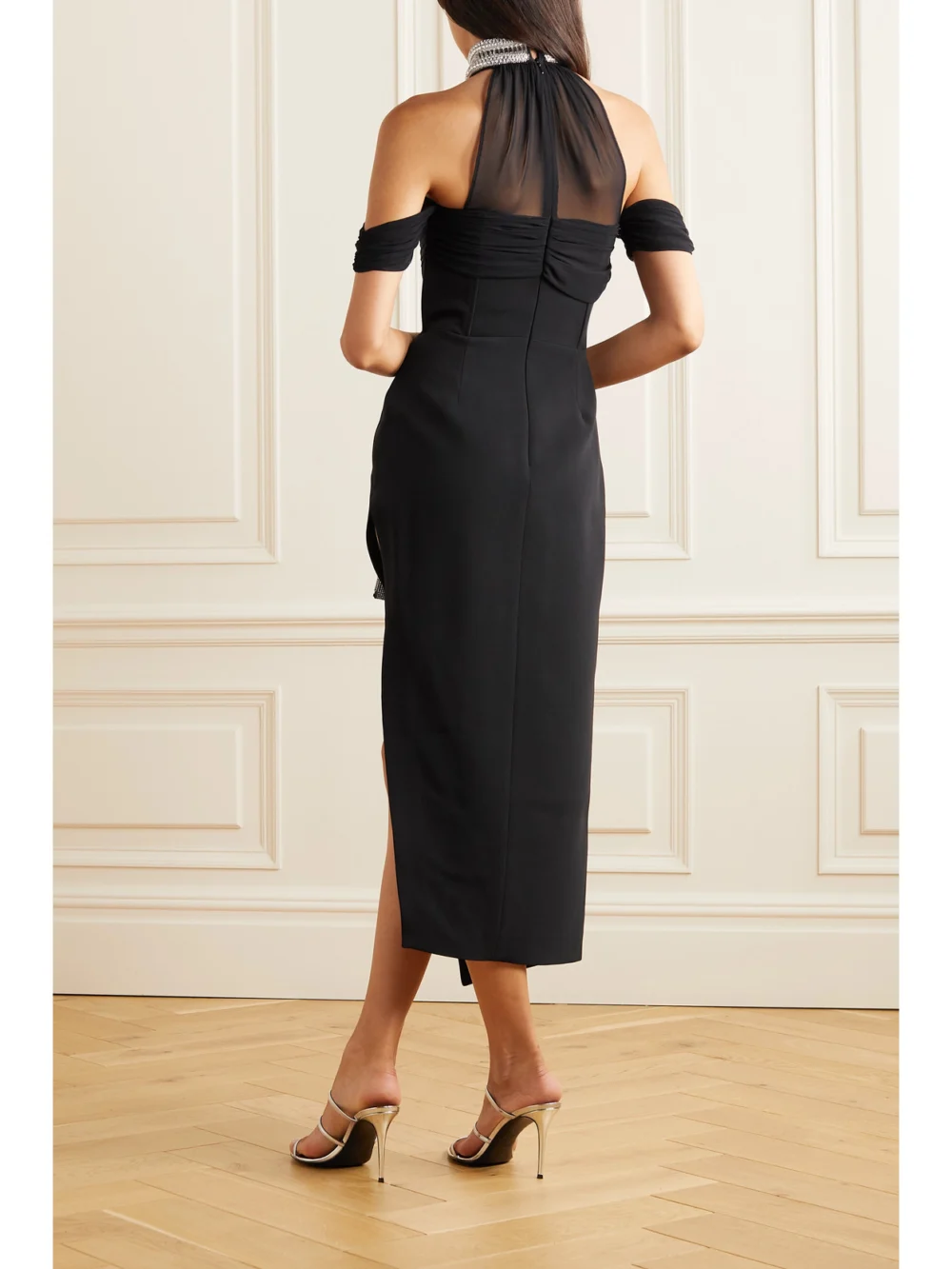 Back view of the David Koma Cold-shoulder Stretch Tulle-trimmed Embellished Cady Midi Dress