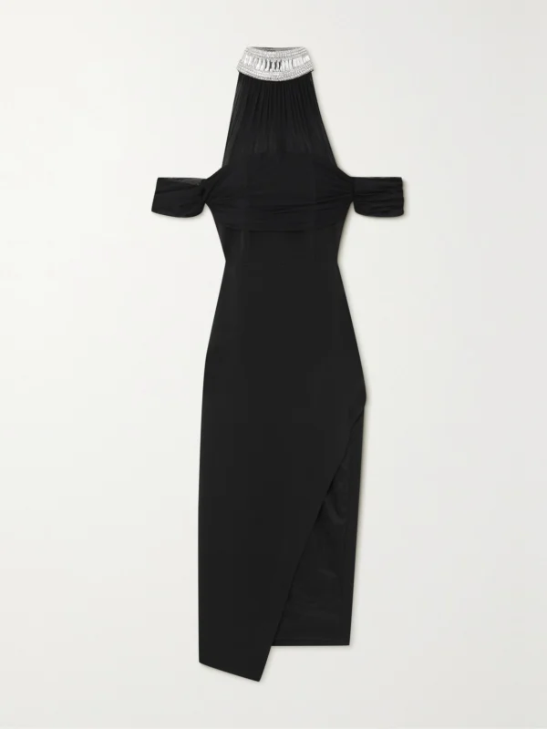 David Koma Cold-shoulder Stretch Tulle-trimmed Embellished Cady Midi Dress