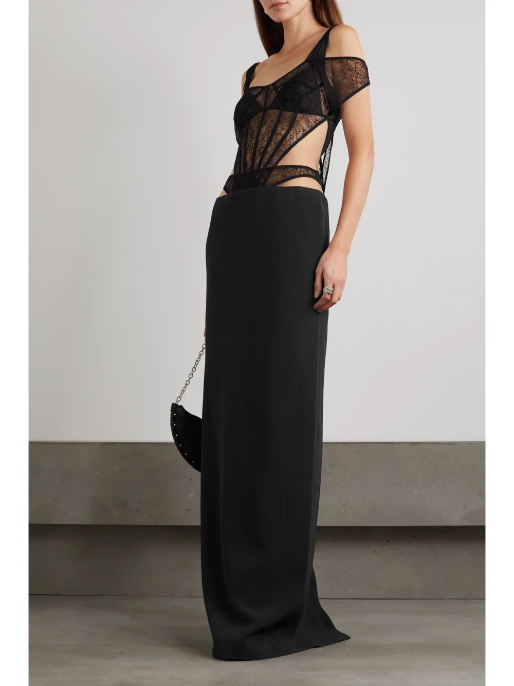 David Koma Cutout Lace and Cady Maxi Dress, worn by a model