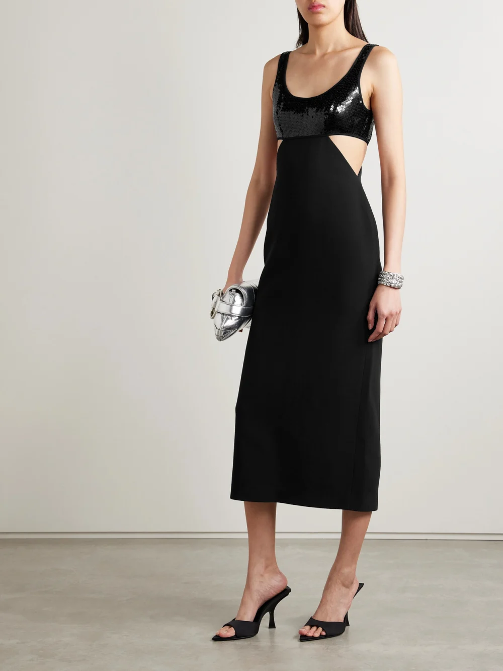 David Koma Cutout Sequin-embellished Cady Midi Dress, worn by a model