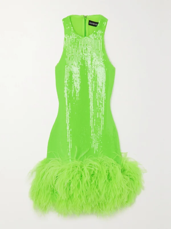 David Koma Feather-trimmed Sequined Chiffon Mini Dress