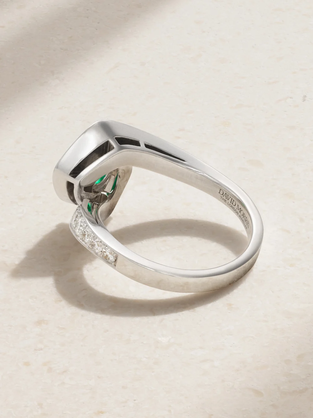 Back view of the David Morris Frozen Kiss 18-karat White Gold, Diamond and Emerald Ring