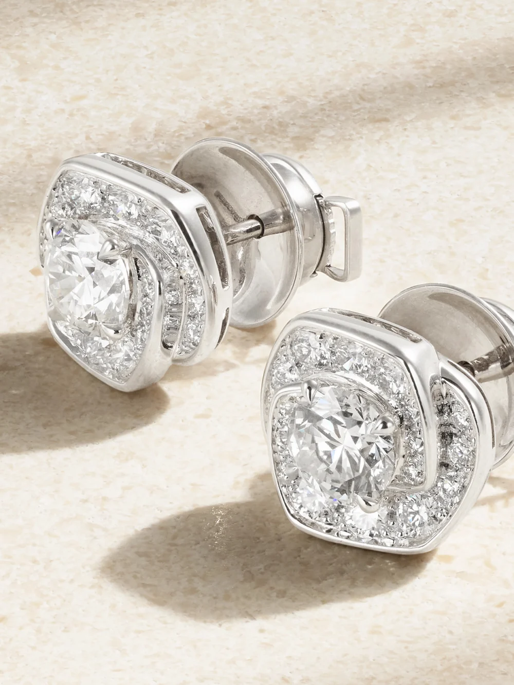 Close-up detail of the David Morris Frozen Kiss 18-karat White Gold Diamond Earrings