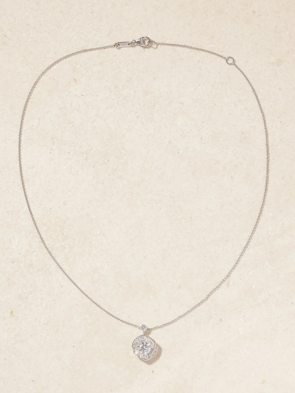 Close-up detail of the David Morris Frozen Kiss 18-karat White Gold Diamond Necklace