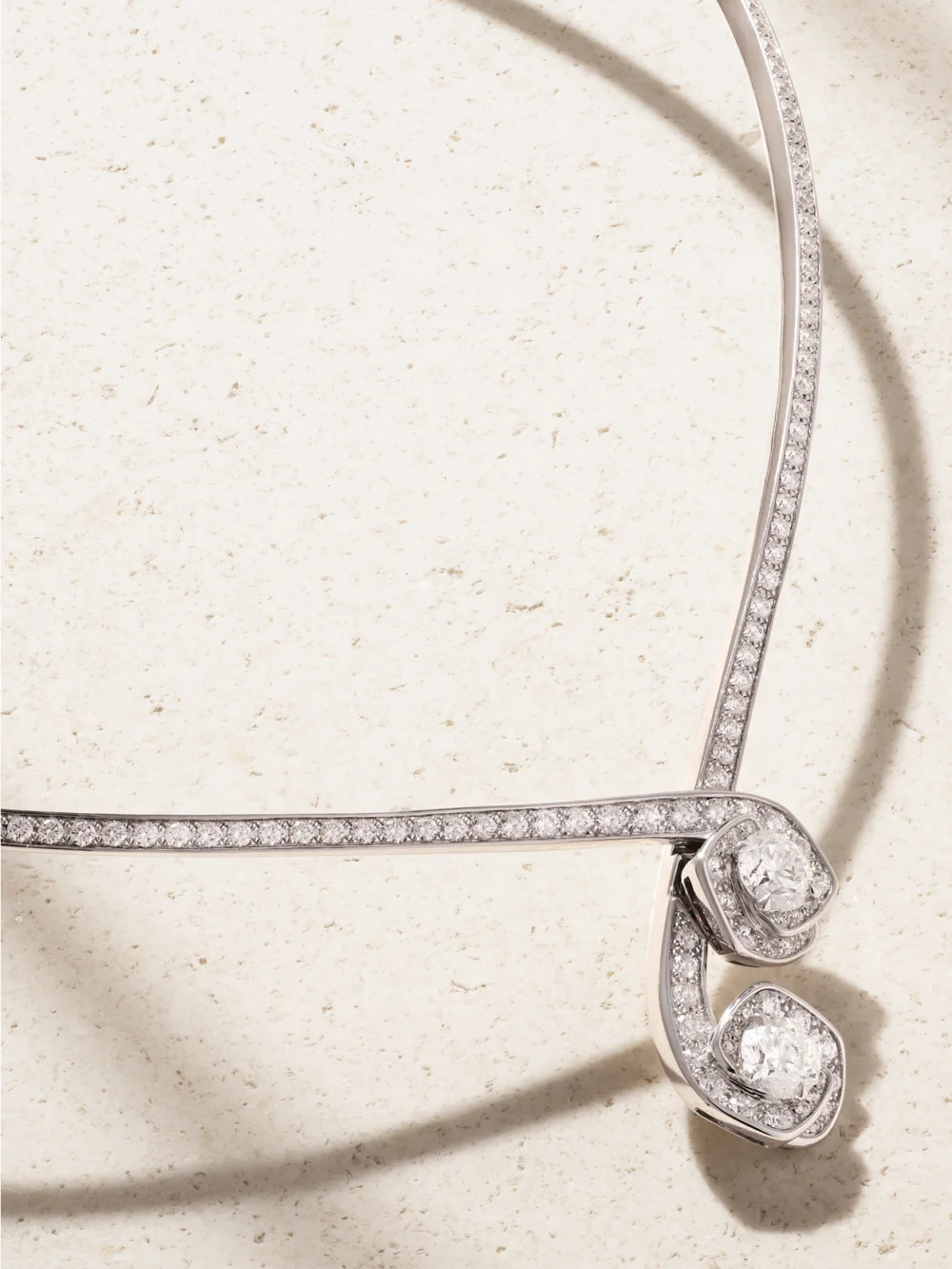 Close-up detail of the David Morris Frozen Kiss Torque 18-karat White Gold Diamond Necklace