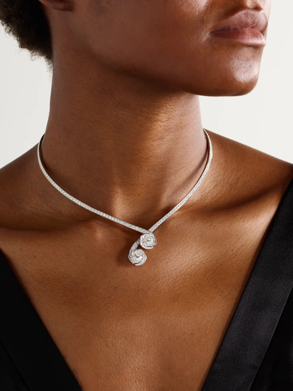 David Morris Frozen Kiss Torque 18-karat White Gold Diamond Necklace, styled view