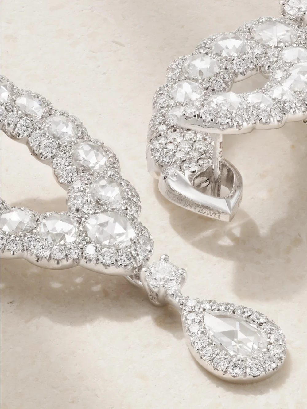 Close-up detail of the David Morris Mandorla 18-karat White Gold Diamond Hoop Earrings