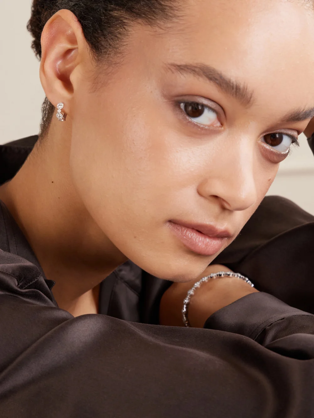 David Morris Triolette 18-karat White Gold Diamond Hoop Earrings, styled view