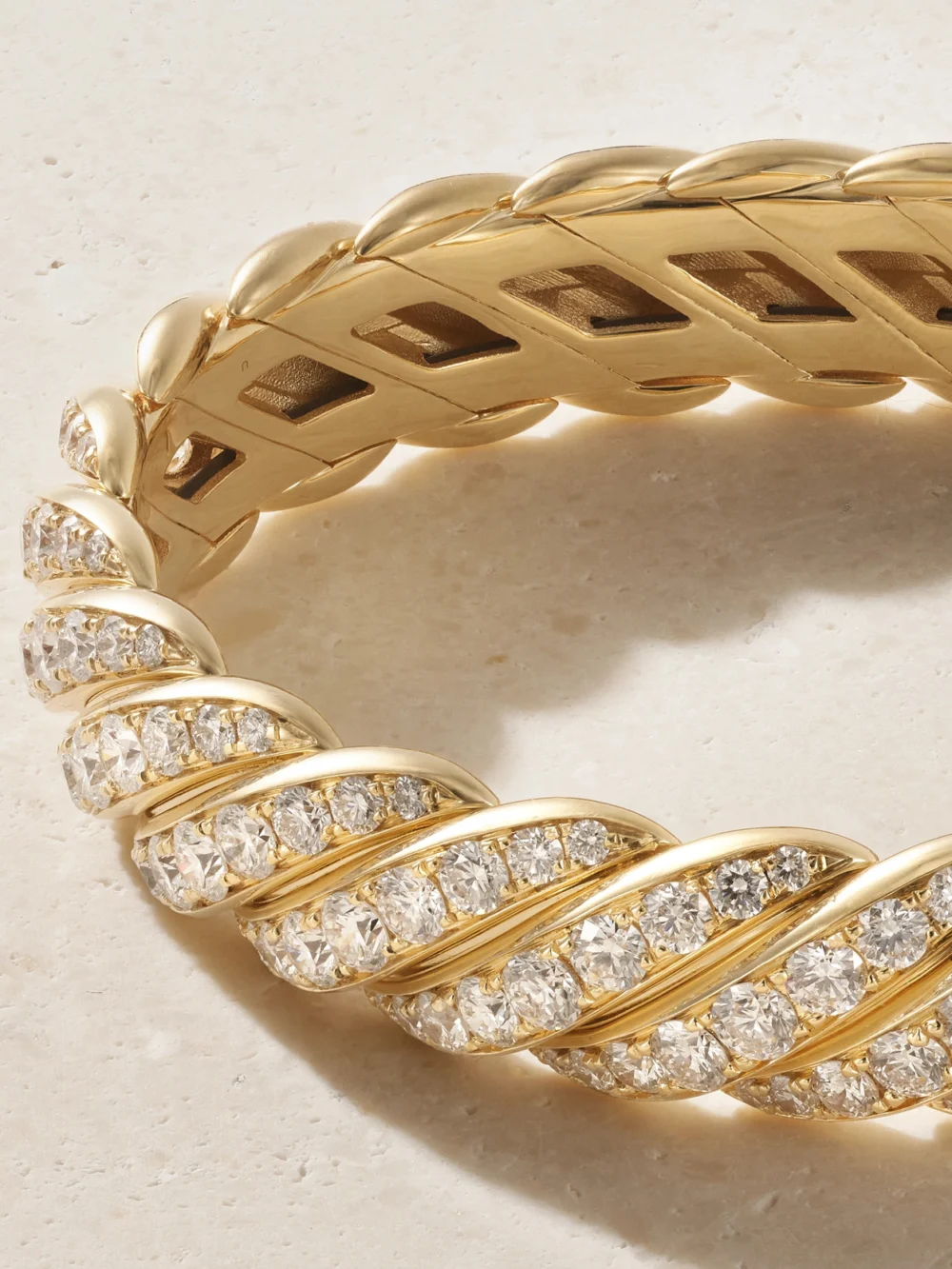 Close-up detail of the David Yurman Cable 18-karat Gold Diamond Bracelet