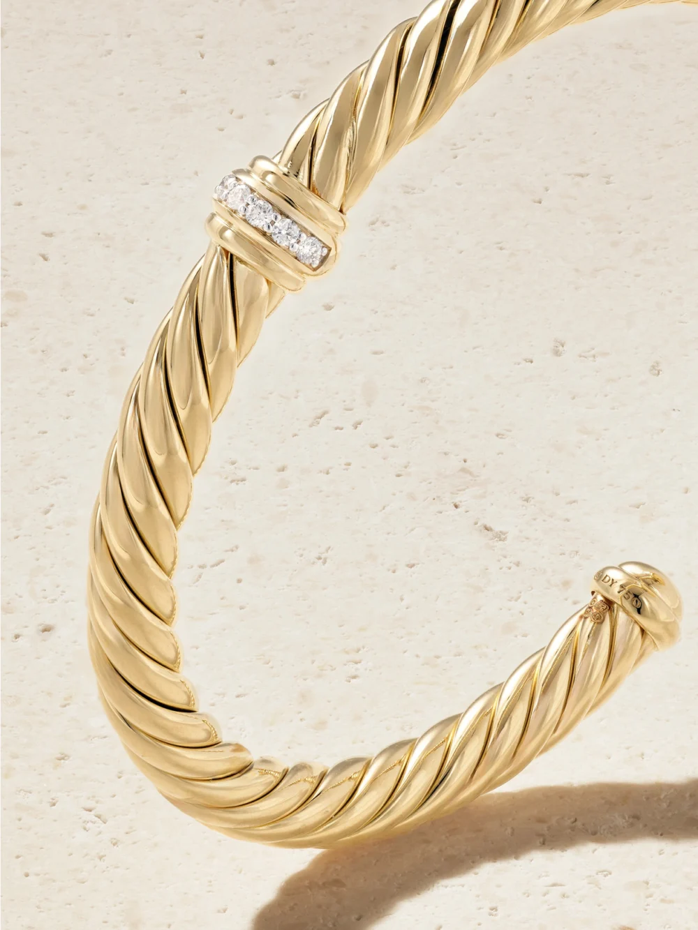 Close-up detail of the David Yurman Cablespira Flex 18-karat Gold Diamond Cuff