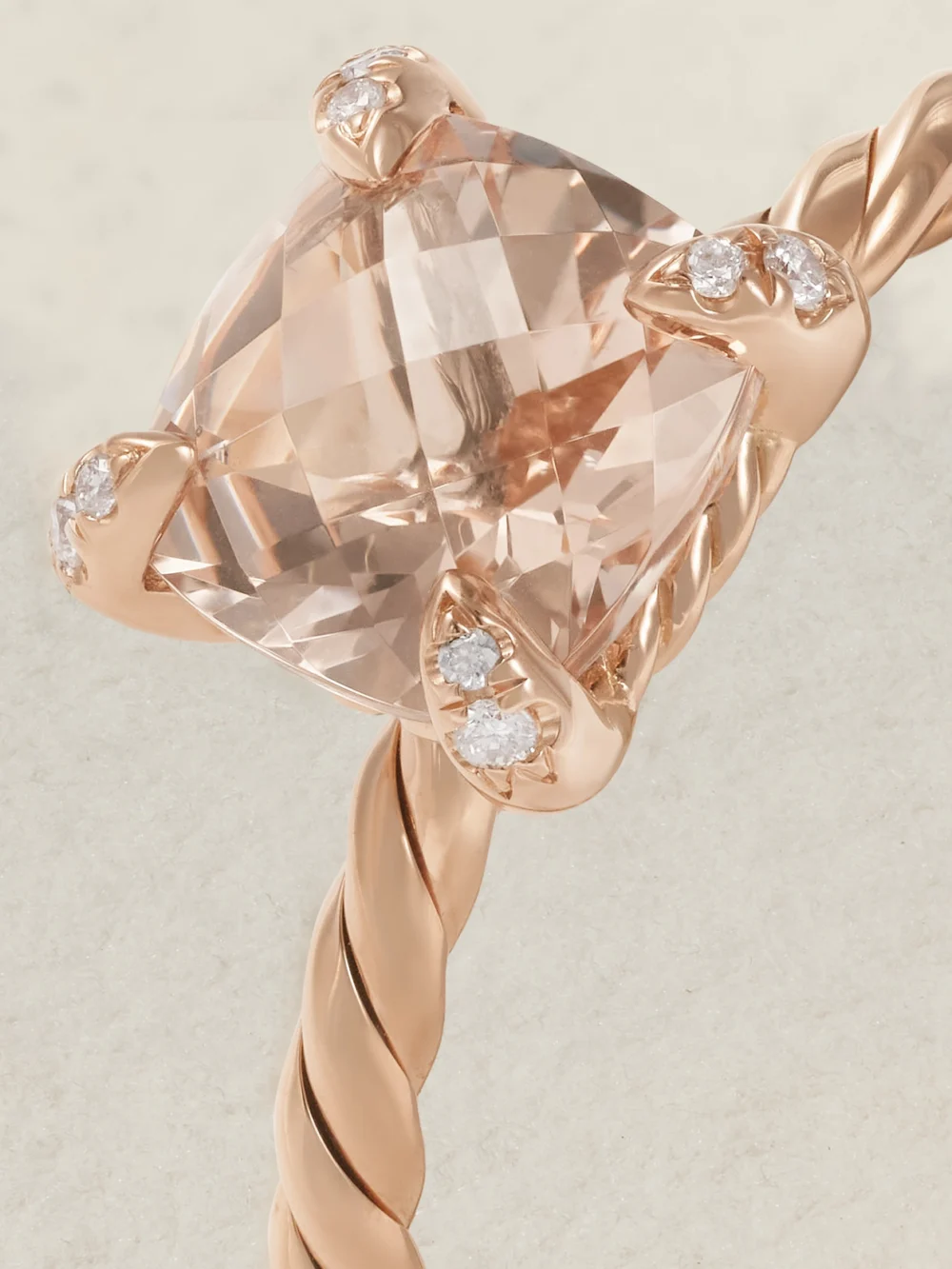 Close-up detail of the David Yurman Chatelaine 18-karat Rose Gold, Morganite and Diamond Ring